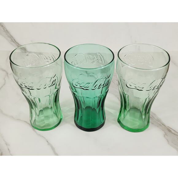 Coca Cola Libbey Drinking Glasses 17oz Embossed Logo 6" Retro Glass Green x3 - Picture 8 of 13